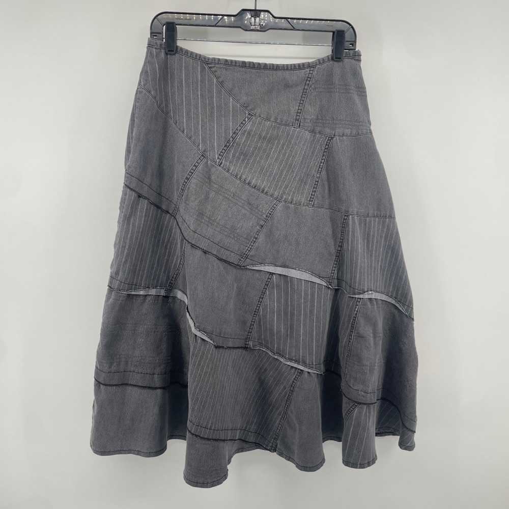 Sandro Patchwork Skirt Womens 10 Gray Pinstripe Denim Tiered Midi Deconstructed